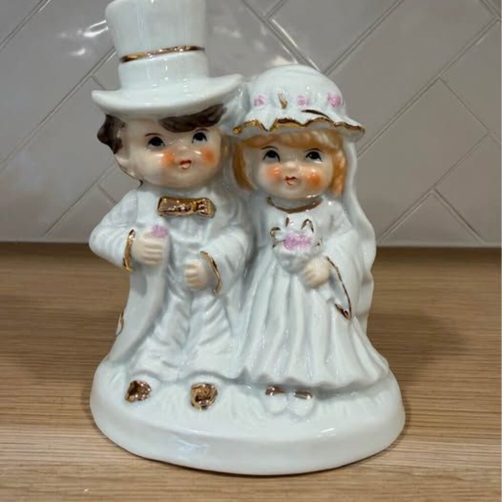 Porcelain Bride & Groom Vintage Wedding Figurine Cake Topper Ultra Gold Accents
